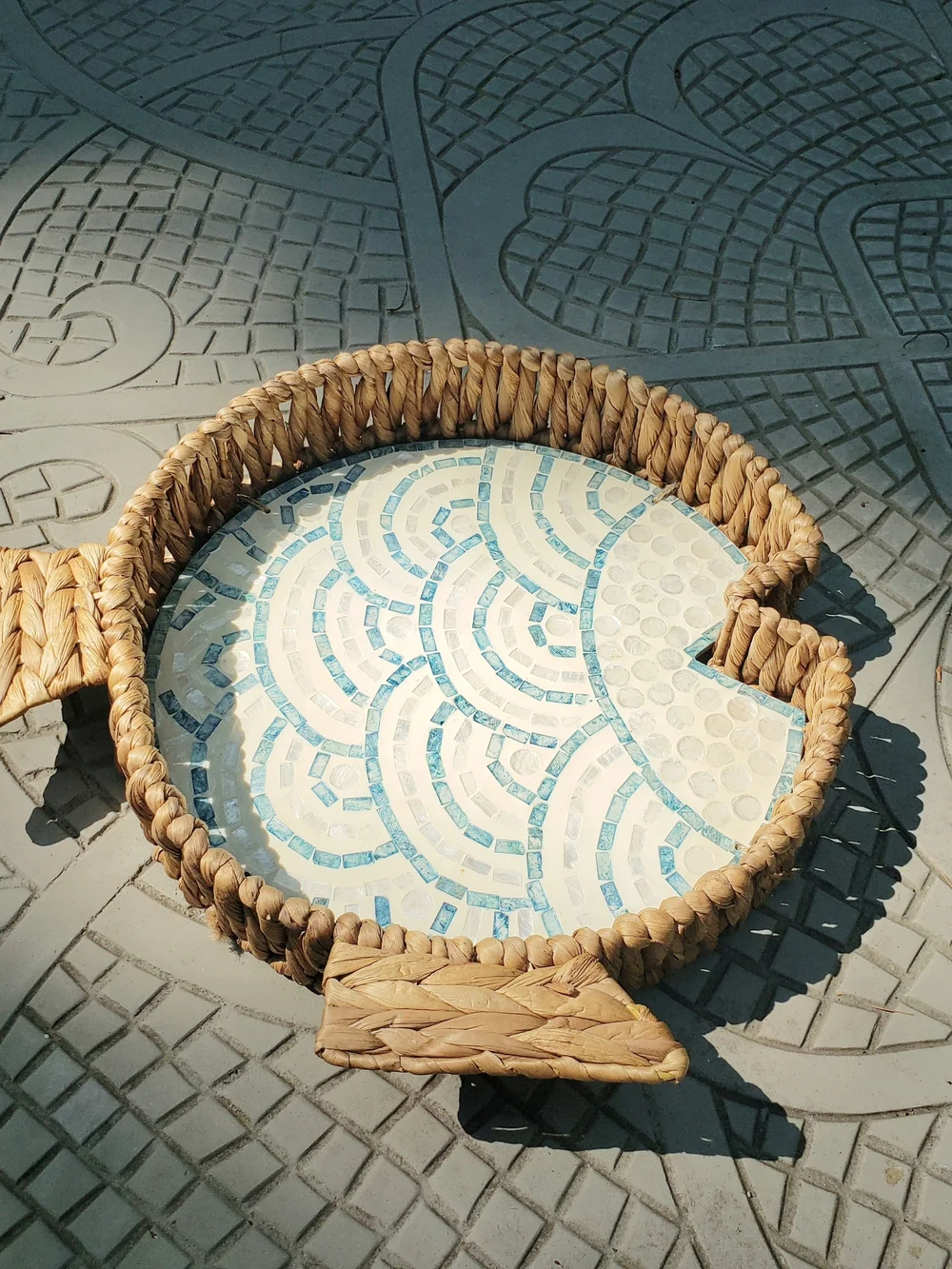 Woven Seagrass Round Serving Tray with Blue Mosaic Inlay